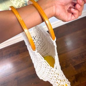 Rope hand knotted wooden handle beach bag